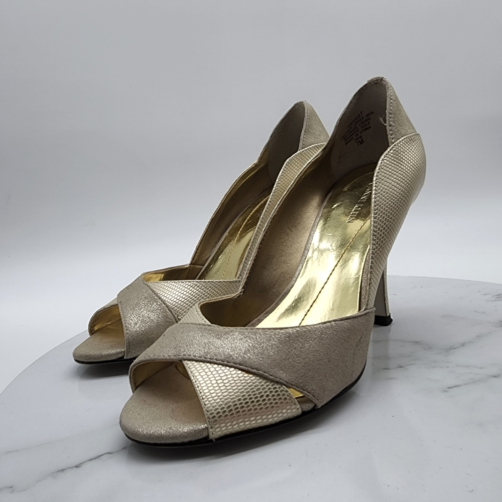Aus 7 Anne Klein Gold Metallic Leather Open Toe Heels - Picture 10 of 16